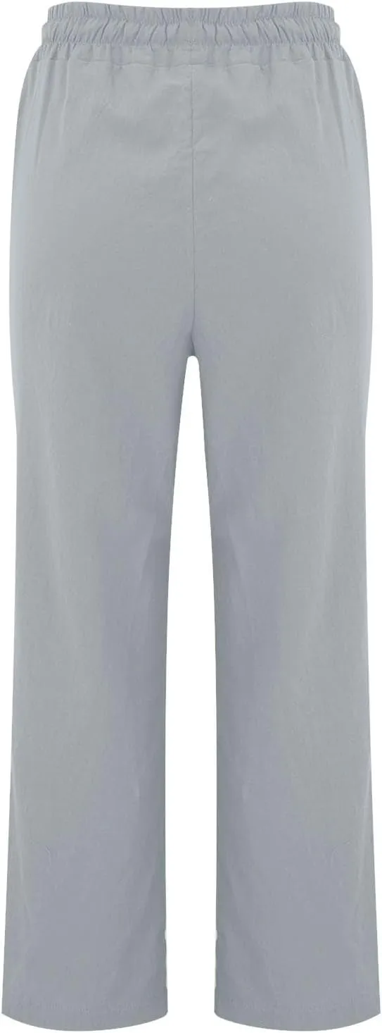 Linen Pants for Women Elastic High Waisted Straight Leg Trousers Pants Loose Casual Summer Dress Pants with Pockets