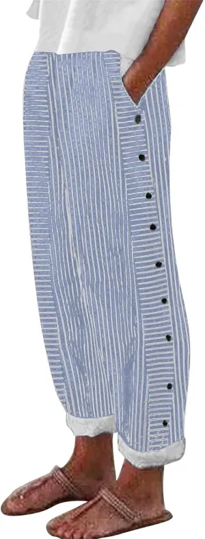 Linen Pants for Women Plus Size Striped Spring Summer Gauze Pants Casual Elastic Waist Comfy Cropped Trousers Trendy