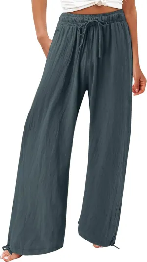 Linen Pants for Women Summer High Waisted Wide Leg Pants Casual Elastic Waist Palazzo Pants Beach Pants with Pockets