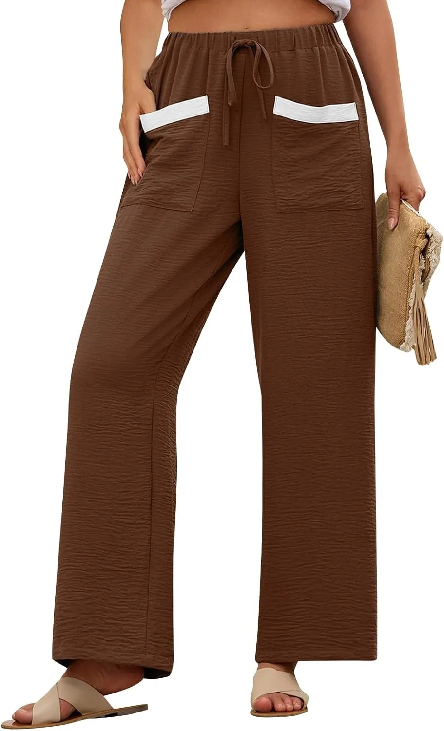 Linen Pants Women 2025 Summer Drawstring Elastic High Waisted Wide Leg Beach Pants Lounge Baggy Vacation Trousers w/Pockets