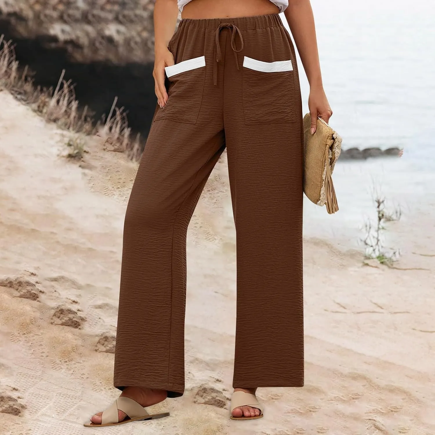 Linen Pants Women 2025 Summer Drawstring Elastic High Waisted Wide Leg Beach Pants Lounge Baggy Vacation Trousers w/Pockets
