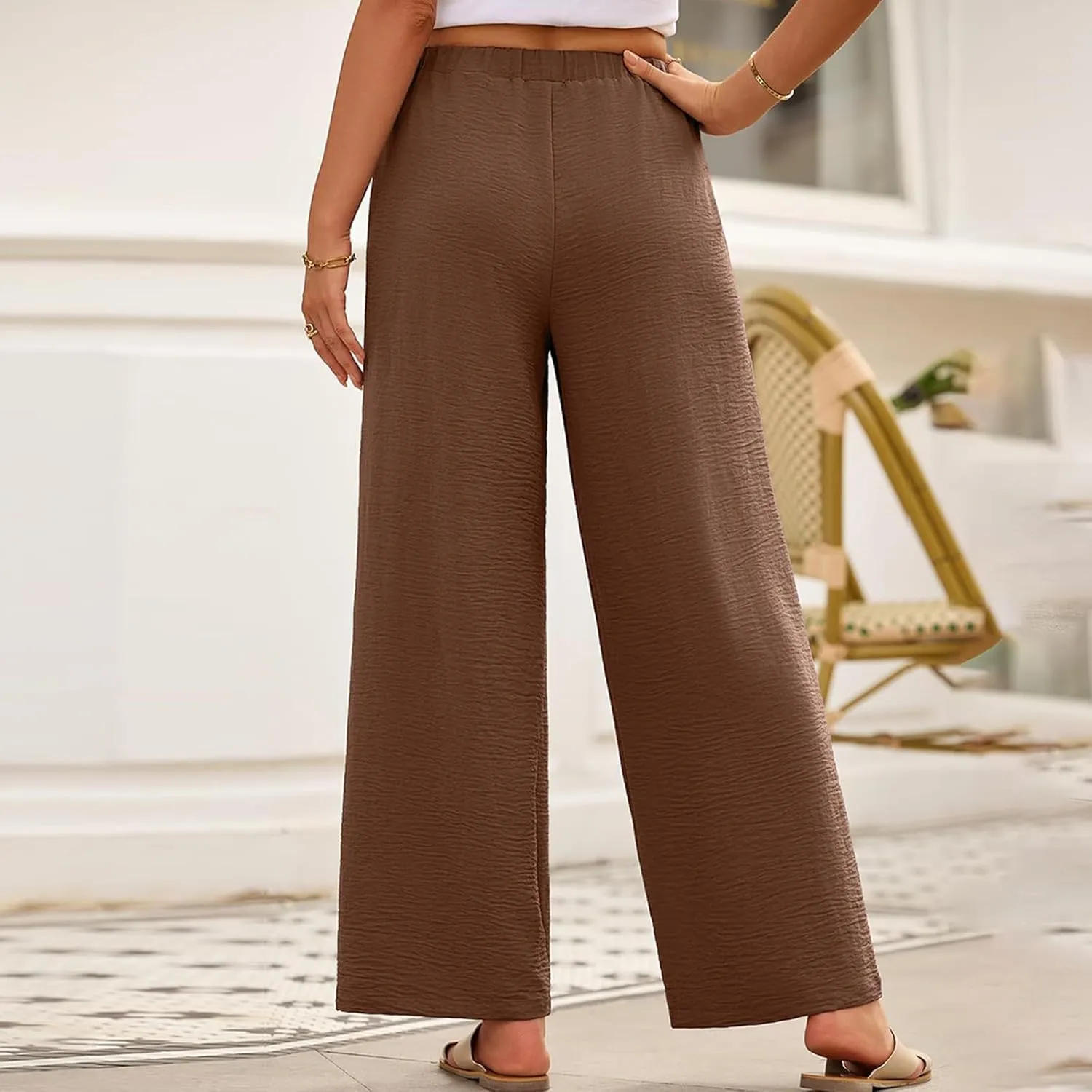 Linen Pants Women 2025 Summer Drawstring Elastic High Waisted Wide Leg Beach Pants Lounge Baggy Vacation Trousers w/Pockets