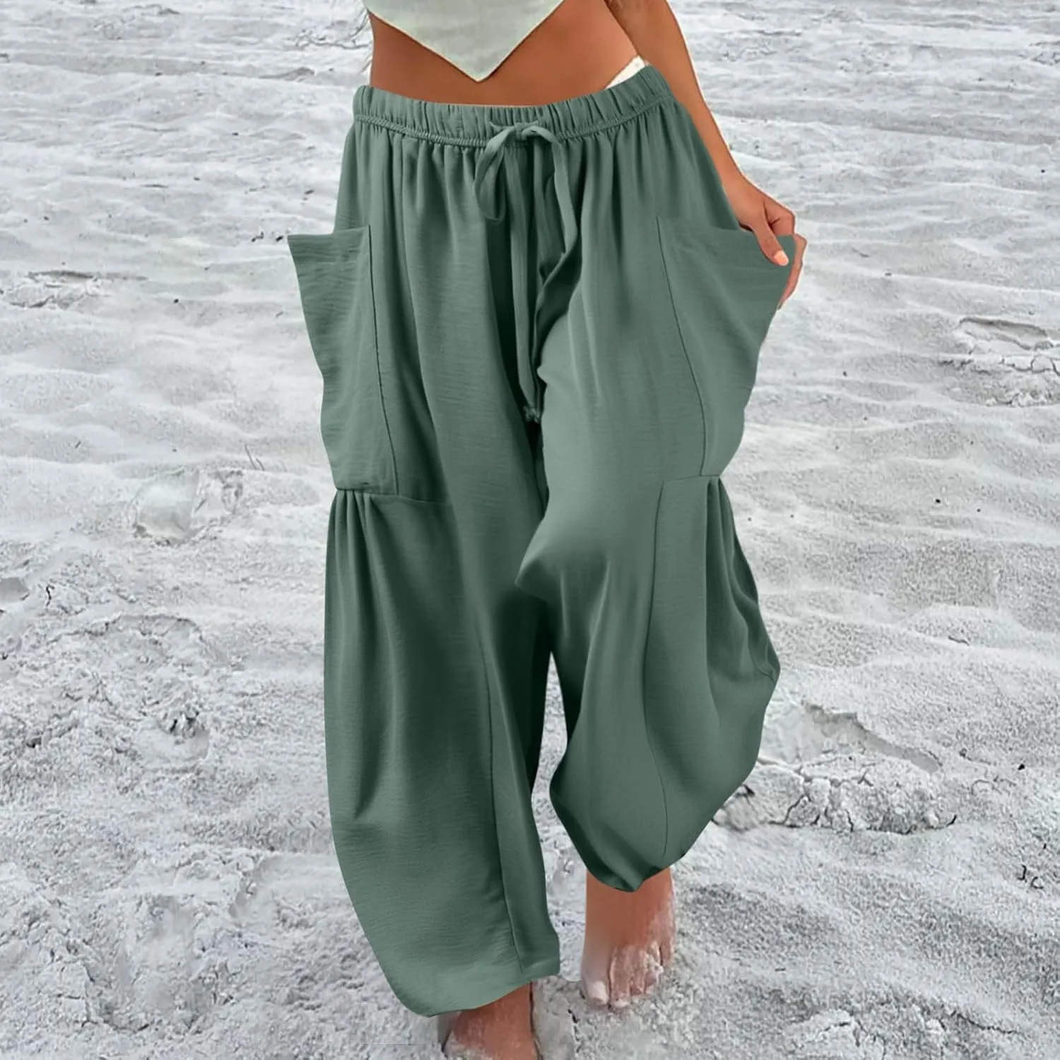 Linen Pants Women Casual Drawstring Cropped Barrel Palazzo Harem Pants Flowy Boho Beach Lounge Pants with Pockets