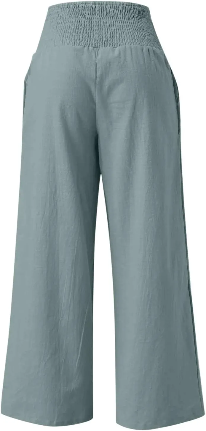 Linen Pants Women Casual Plus Size Summer Wide Leg Pants Beach Boho Wide Leg High Waist Pants Travel Vacation Outfits