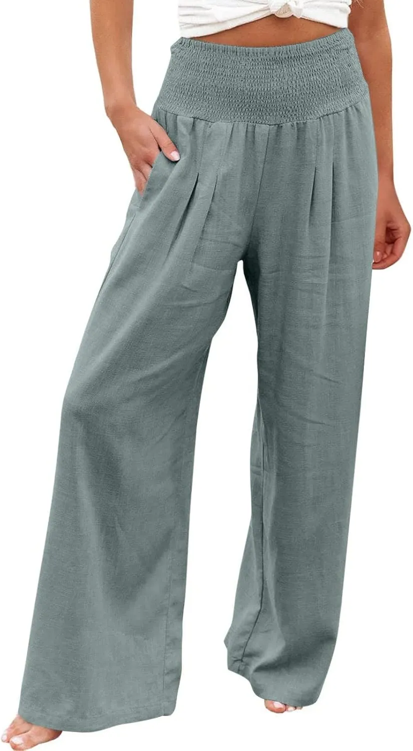 Linen Pants Women Casual Plus Size Summer Wide Leg Pants Beach Boho Wide Leg High Waist Pants Travel Vacation Outfits