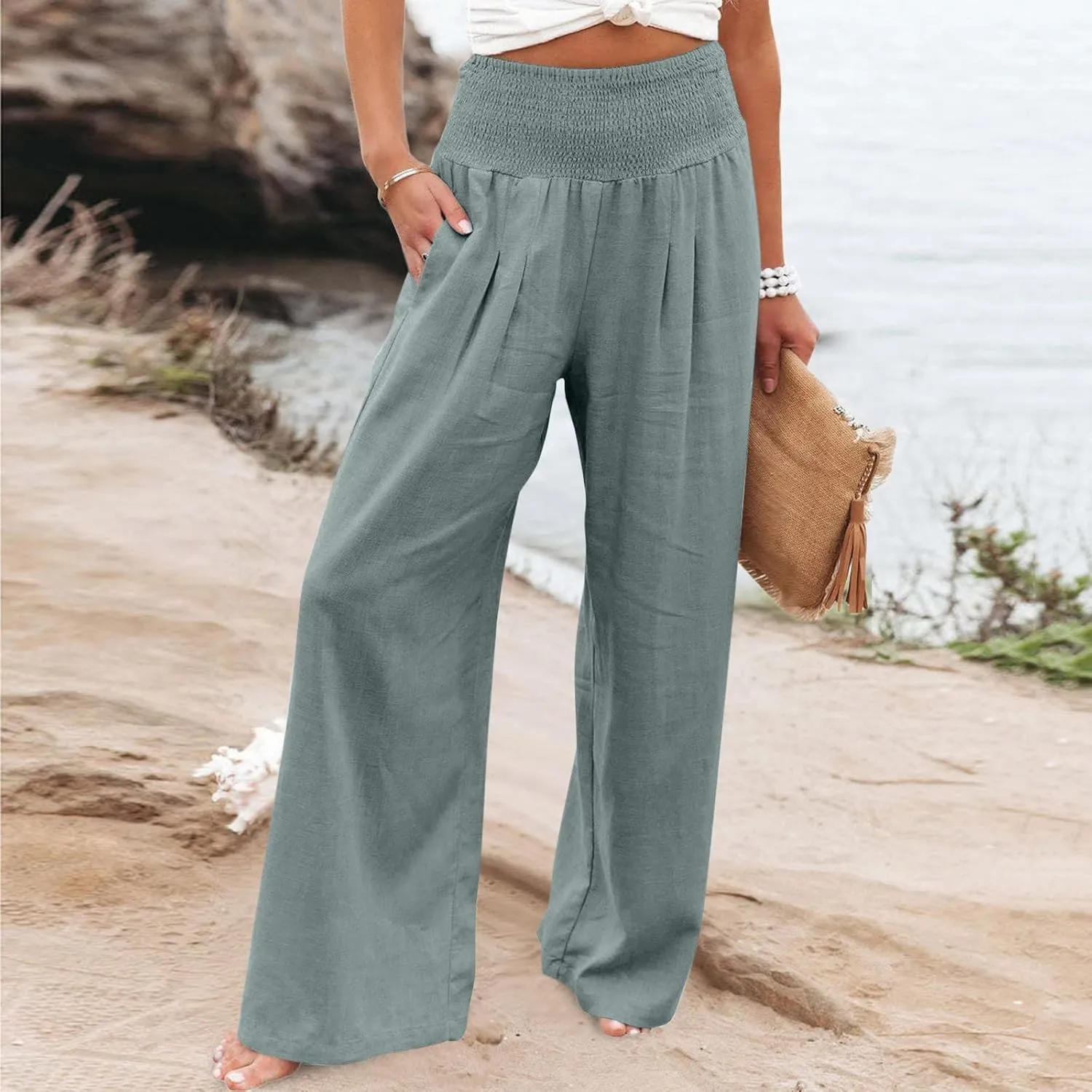 Linen Pants Women Casual Plus Size Summer Wide Leg Pants Beach Boho Wide Leg High Waist Pants Travel Vacation Outfits