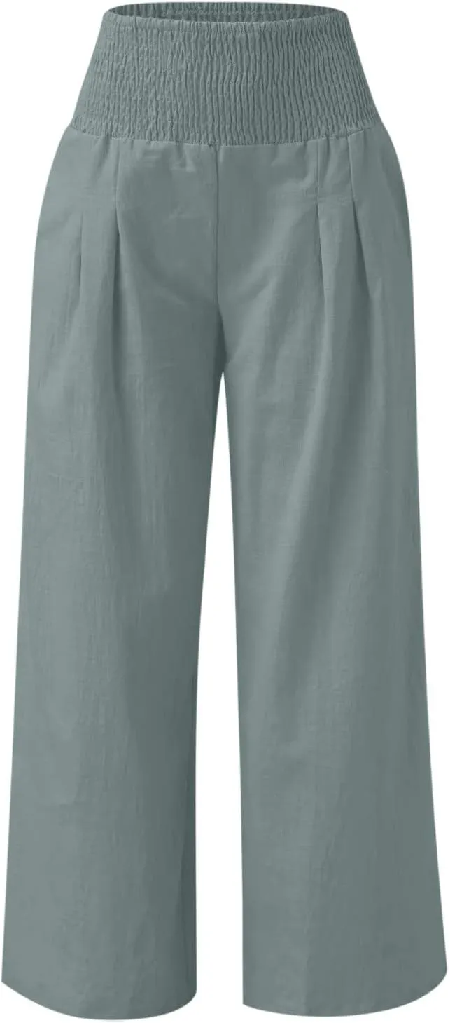 Linen Pants Women Casual Plus Size Summer Wide Leg Pants Beach Boho Wide Leg High Waist Pants Travel Vacation Outfits