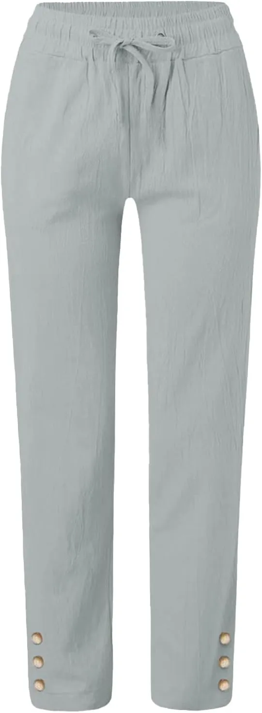 Linen Pants Women Color Trouser Pant Cotton Blend Drawstring Elastic Waist Pocket 2025 Beach Travel Vacation Outfits