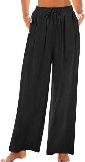 Linen Pants Women Pleated Wide Leg Pants Woman Elastic Waist Drawstring Summer Trousers Flowy Beach Vacation Outfits