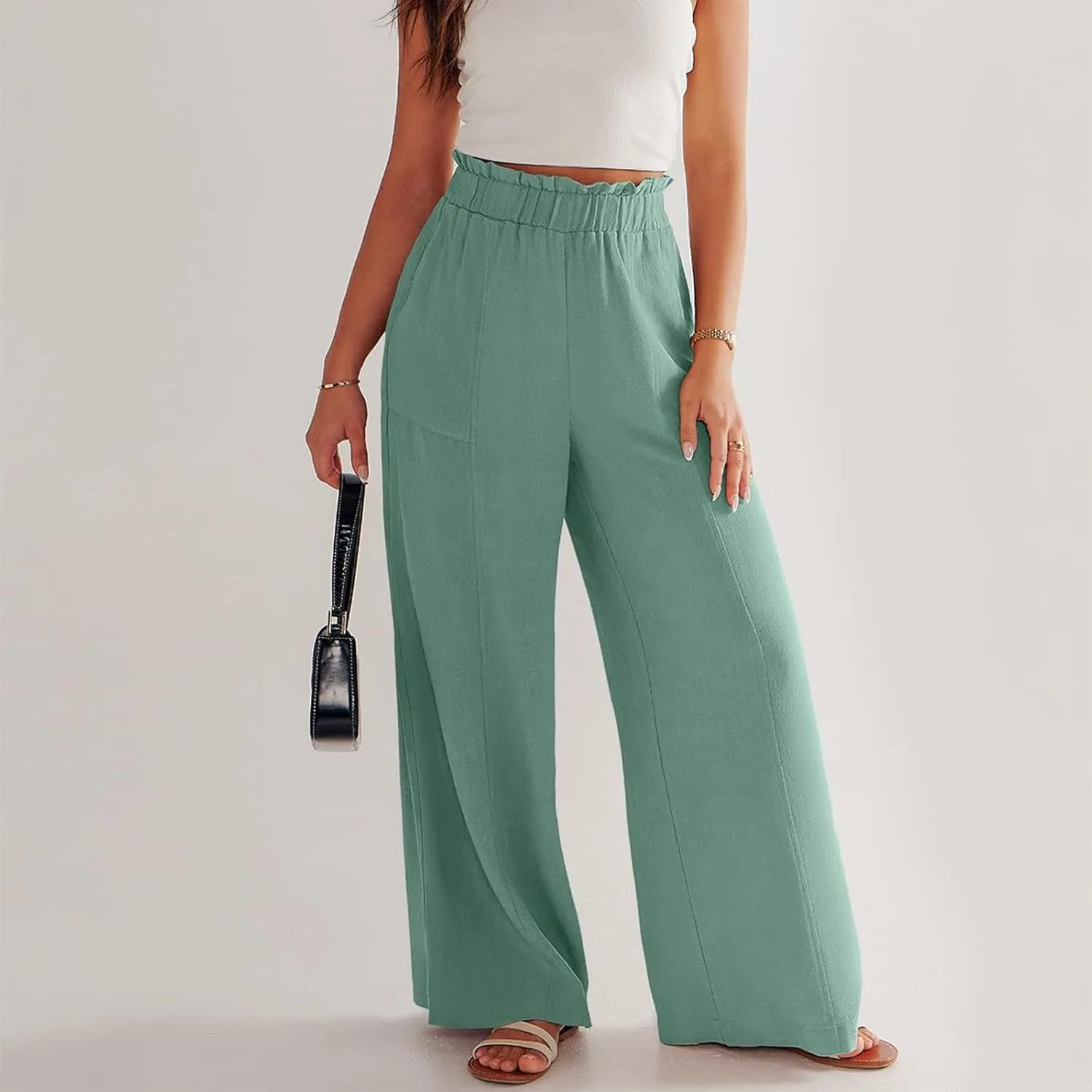 Linen Pants Women Plus Size Summer Casual Loose Flowy High Waited Beach Pants Trendy Summer Outfits with Pockets