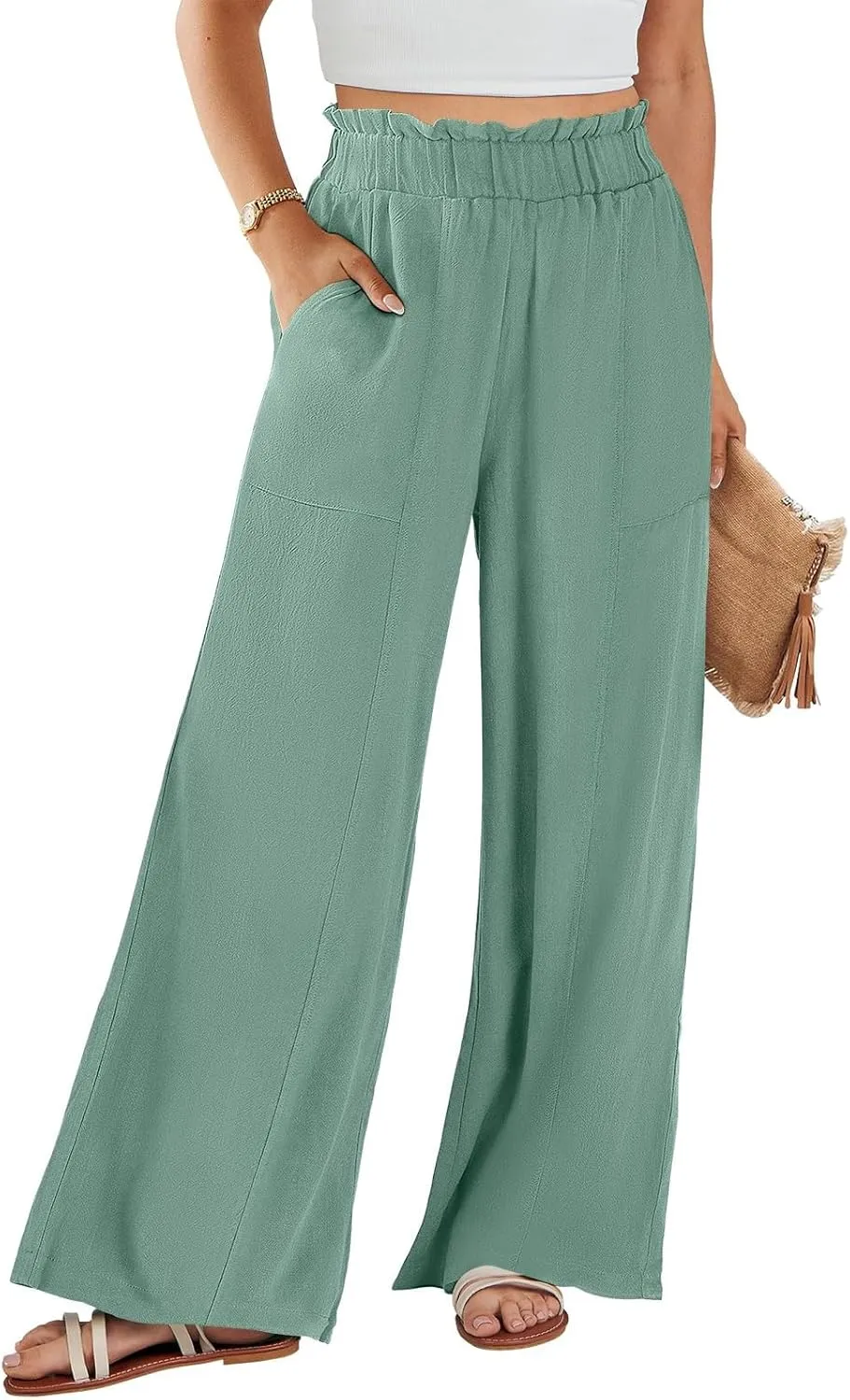 Linen Pants Women Plus Size Summer Casual Loose Flowy High Waited Beach Pants Trendy Summer Outfits with Pockets