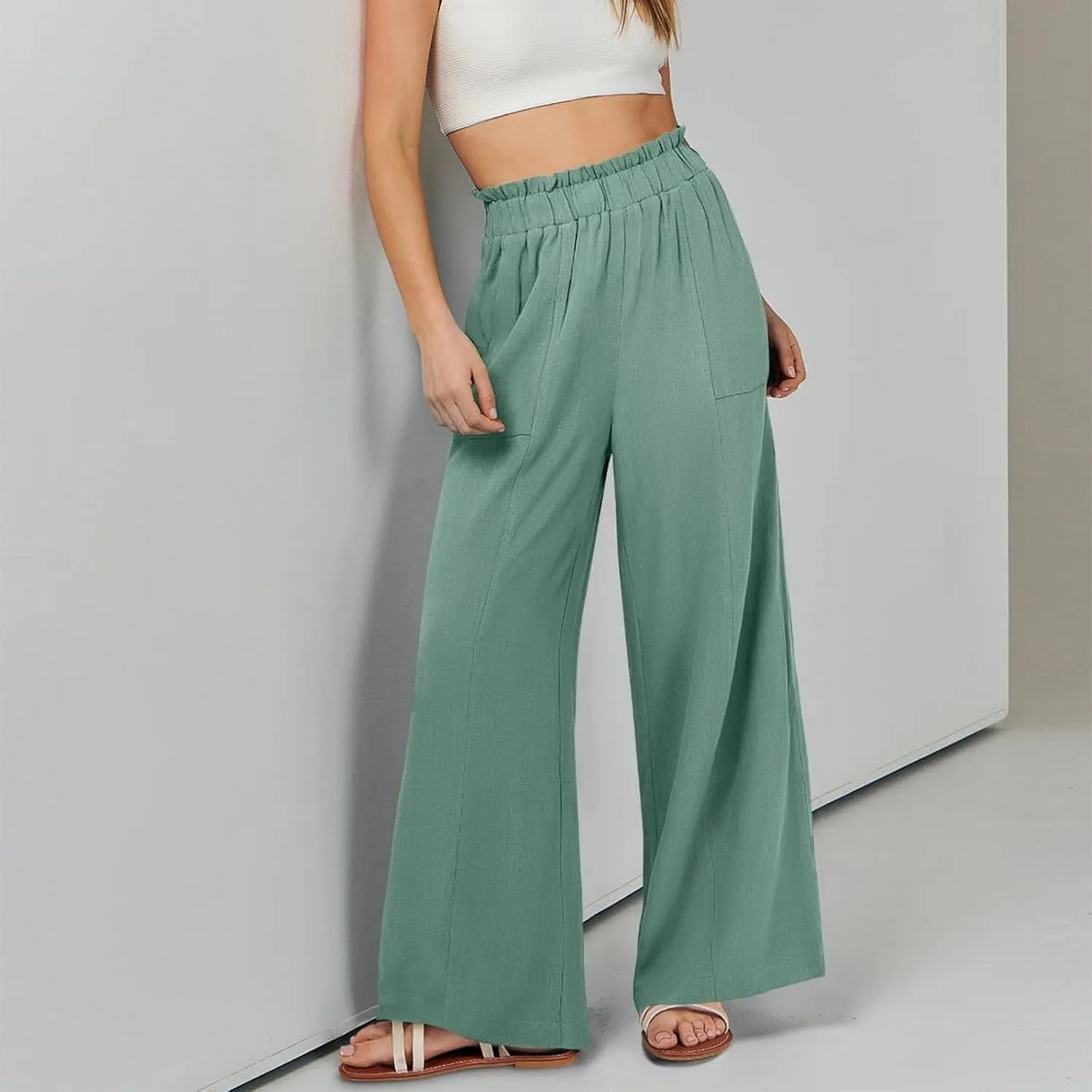 Linen Pants Women Plus Size Summer Casual Loose Flowy High Waited Beach Pants Trendy Summer Outfits with Pockets