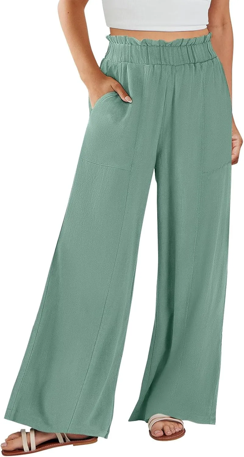Linen Pants Women Plus Size Summer Casual Loose Flowy High Waited Beach Pants Trendy Summer Outfits with Pockets