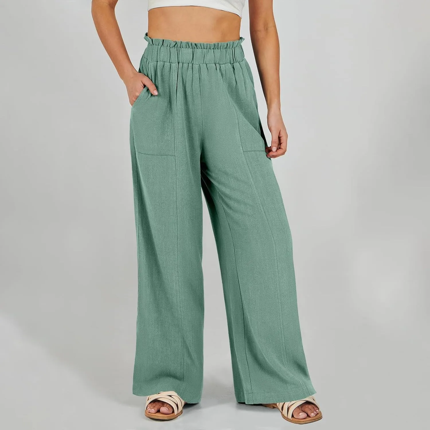 Linen Pants Women Plus Size Summer Casual Loose Flowy High Waited Beach Pants Trendy Summer Outfits with Pockets