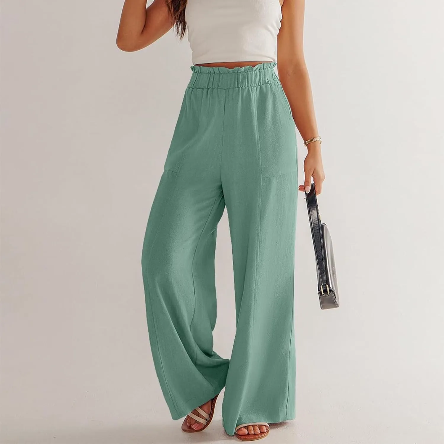 Linen Pants Women Plus Size Summer Casual Loose Flowy High Waited Beach Pants Trendy Summer Outfits with Pockets