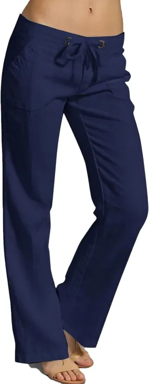 Linen Pants Women Straight Leg Low Rise Lounge Palazzo Capri Pants Summer Drawstring Casual Work Pants Trousers 2025