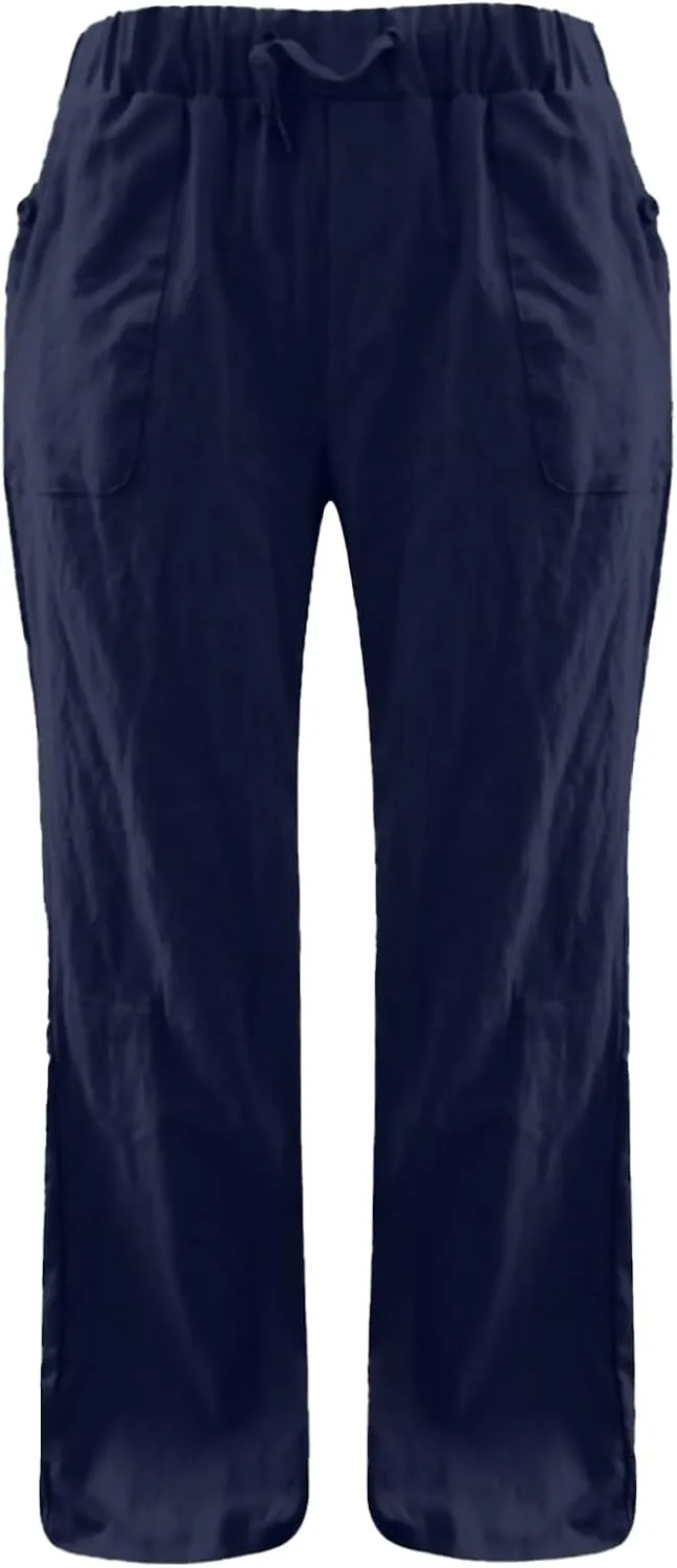 Linen Pants Women Straight Leg Low Rise Lounge Palazzo Capri Pants Summer Drawstring Casual Work Pants Trousers 2025