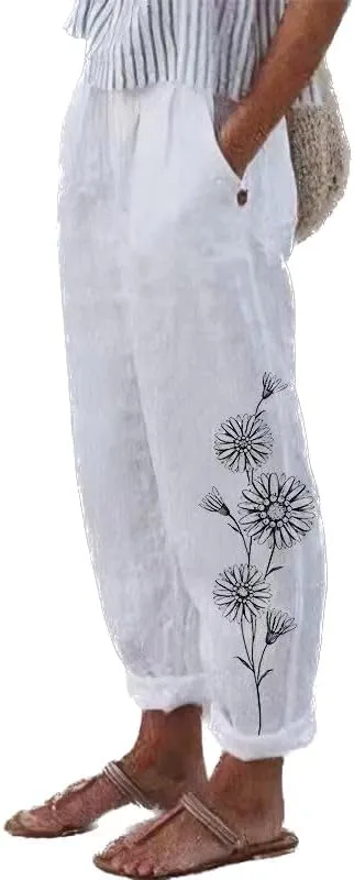 Linen Pants Women Straight Leg Summer Cotton Casual High Waist Elastic Linen Beach Pants