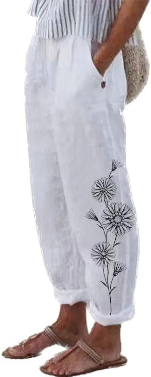 Linen Pants Women Straight Leg Summer Cotton Casual High Waist Elastic Linen Beach Pants
