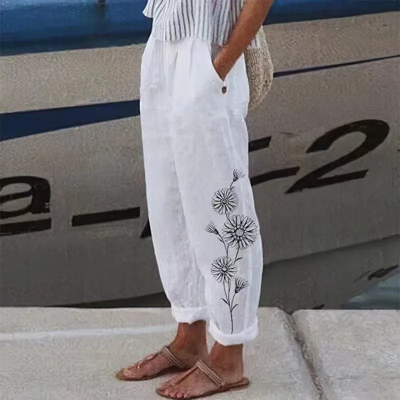 Linen Pants Women Straight Leg Summer Cotton Casual High Waist Elastic Linen Beach Pants
