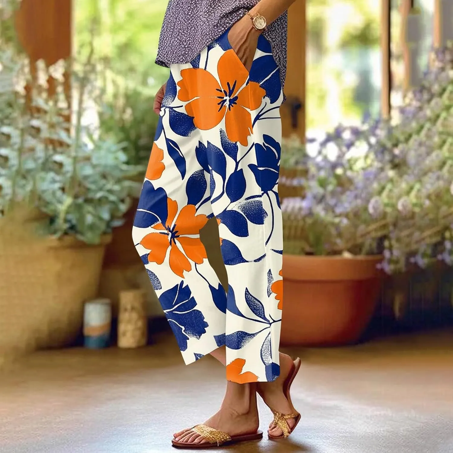 Linen Pants Women Summer Boho Wide Leg Pants High Waisted Palazzo Pant Floral Print Beach Trousers with Pockets