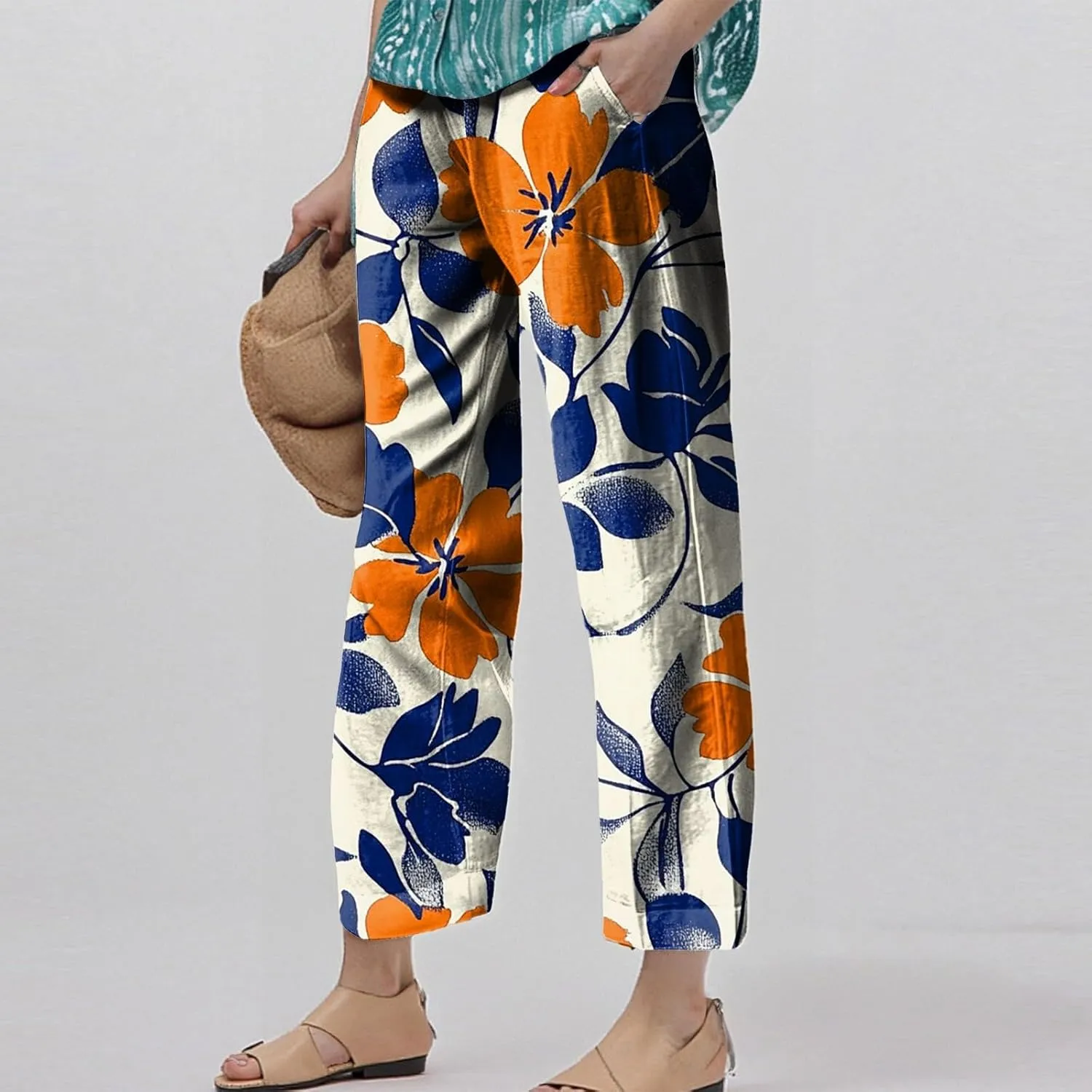 Linen Pants Women Summer Boho Wide Leg Pants High Waisted Palazzo Pant Floral Print Beach Trousers with Pockets