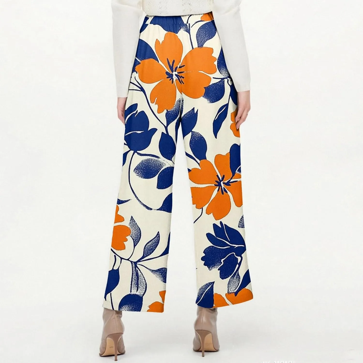 Linen Pants Women Summer Boho Wide Leg Pants High Waisted Palazzo Pant Floral Print Beach Trousers with Pockets
