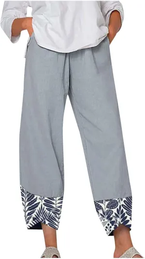 Linen Pants Women Summer Trendy Casual Pants Elastic Waisted Spliced Printed Loose Fit Lounge Trousers with Pockets