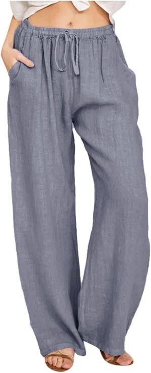 Linen Pants Women Summer,Wide Leg Casual Cotton Linen Pants High Waisted Drawstring Lounge Pants Beach Trousers