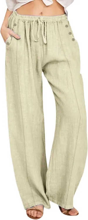 Linen Summer Pants for Women 2025 Trendy Casual High Waist Palazzo Drawstring Trousers Lounge Loose Pants