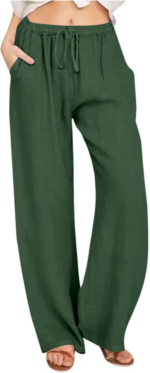 Linen Summer Pants Women 2025 Trendy Casual High Waist Drawstring Loose Trousers Lightweight Long Palazzo Gauze Slacks