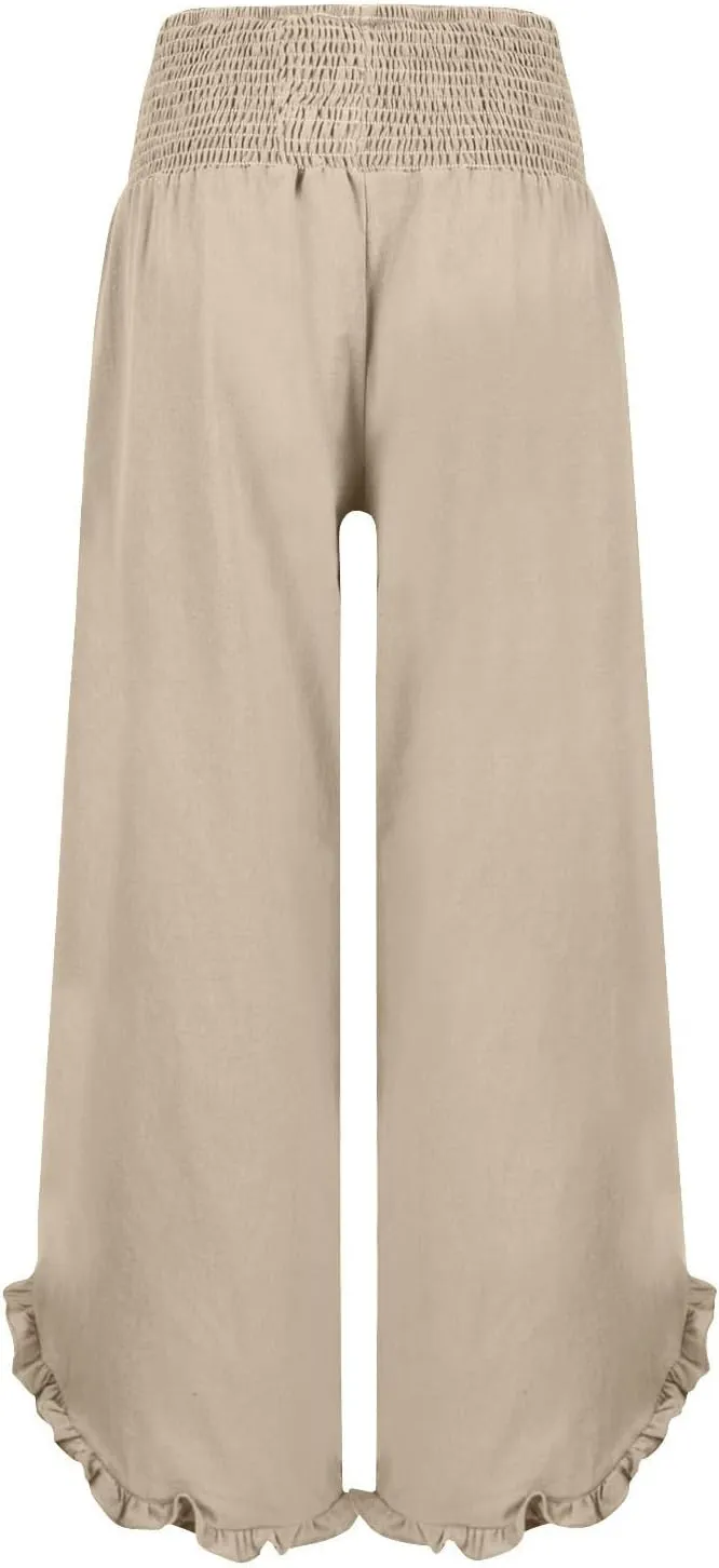 Linen Wide Leg Pants for Women Smocked Elastic Waist Flowy Lounge Pants Summer Casual Beach Ruffle Hem Palazzo Pants