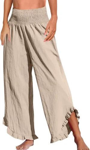 Linen Wide Leg Pants for Women Smocked Elastic Waist Flowy Lounge Pants Summer Casual Beach Ruffle Hem Palazzo Pants