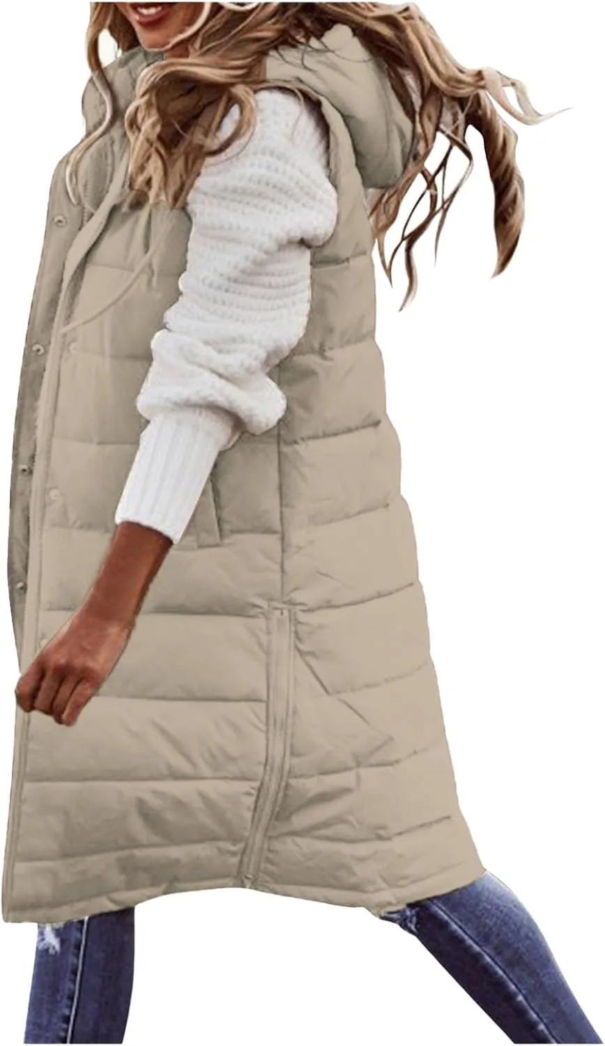 Long Puffer Vest for Women Long Vest Jacket Full Zipper Hoodies Sleeveless Outdoor Coats Lightweight Windbreakers
