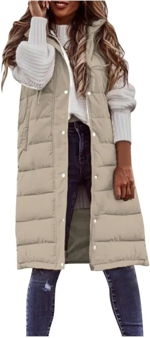 Long Puffer Vest for Women Long Vest Jacket Full Zipper Hoodies Sleeveless Outdoor Coats Lightweight Windbreakers