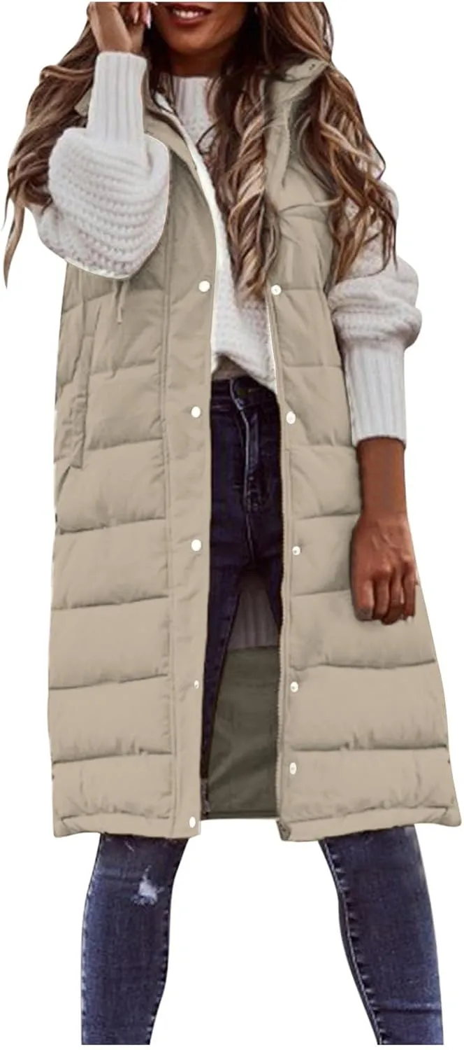 Long Puffer Vest for Women Long Vest Jacket Full Zipper Hoodies Sleeveless Outdoor Coats Lightweight Windbreakers