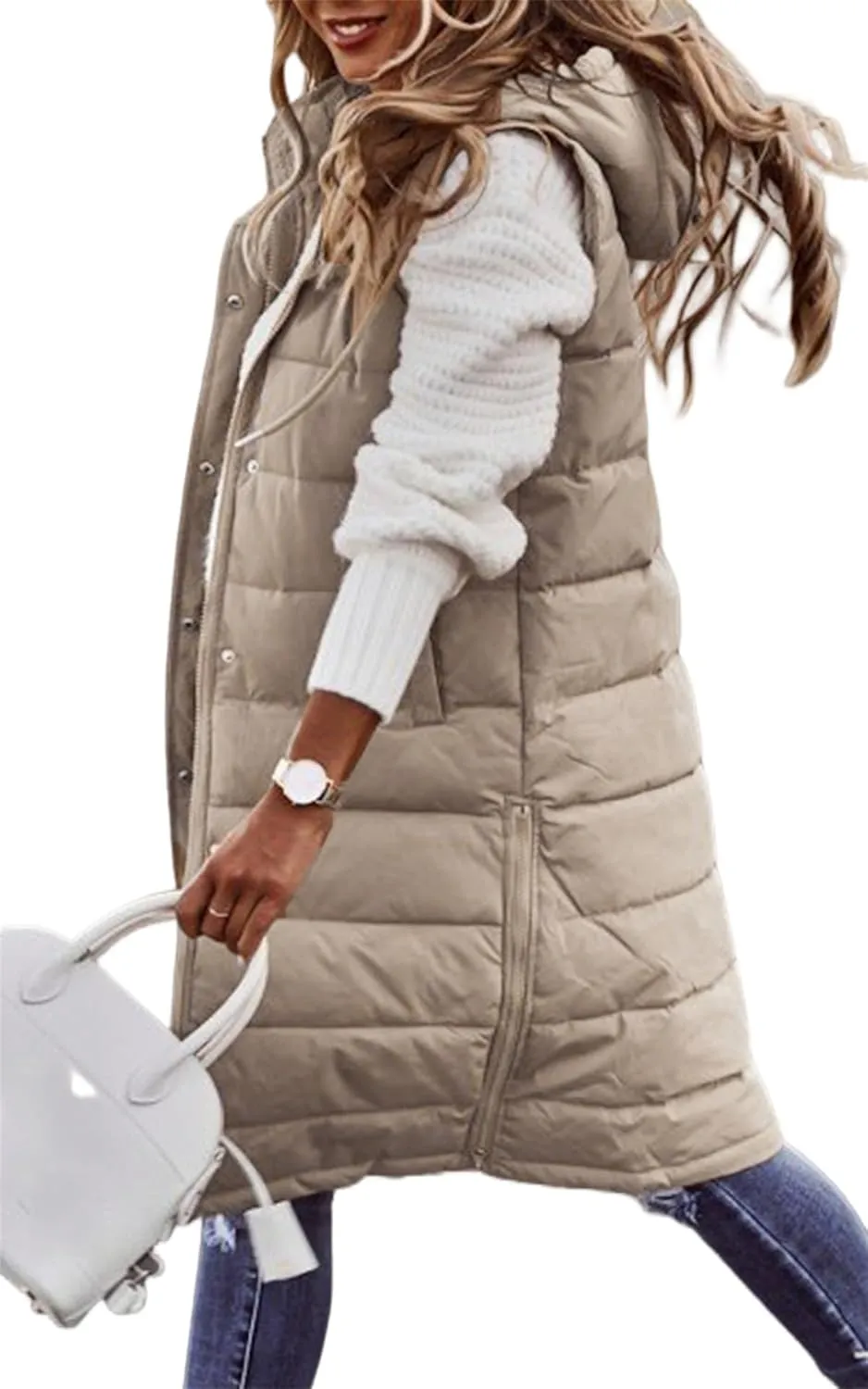 Long Puffer Vest for Women Long Vest Jacket Full Zipper Hoodies Sleeveless Outdoor Coats Lightweight Windbreakers