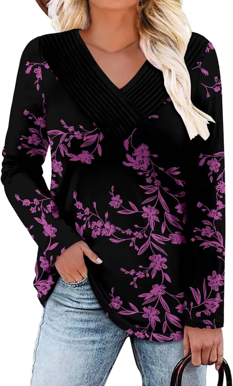 Long Sleeve Shirts for Women Fashion V Neck Basics Casual Top Fitted Tunic Tops