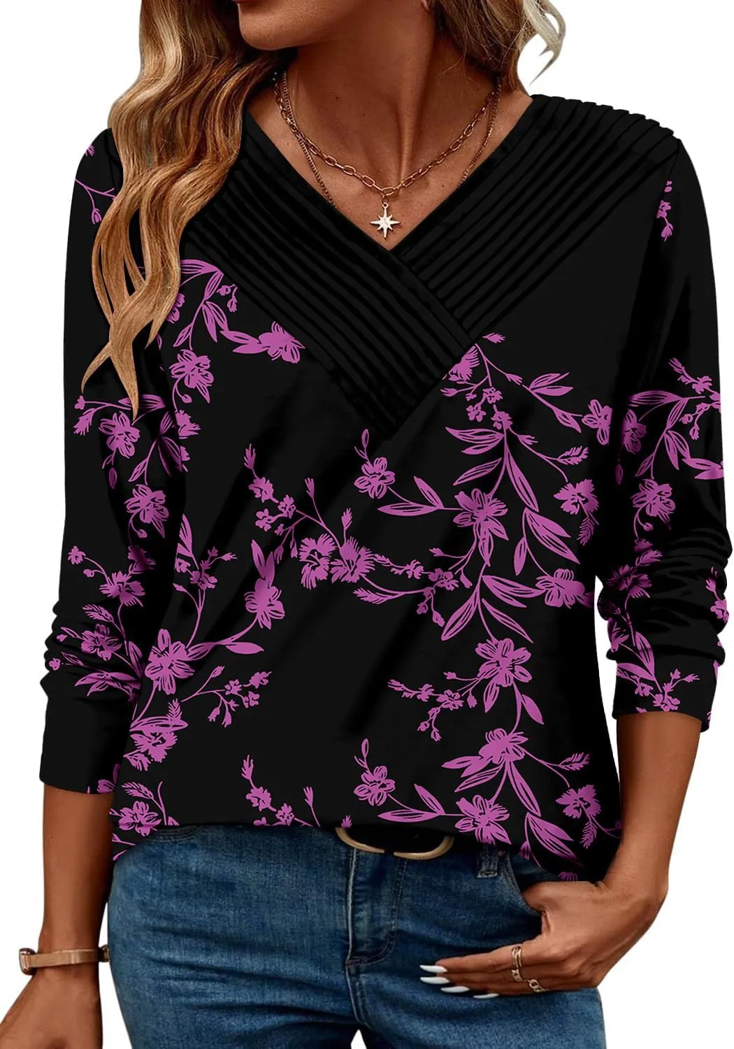 Long Sleeve Shirts for Women Fashion V Neck Basics Casual Top Fitted Tunic Tops