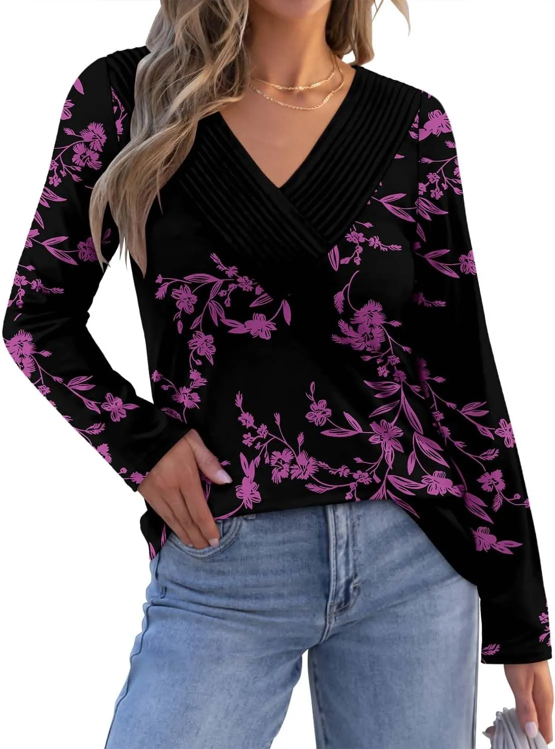 Long Sleeve Shirts for Women Fashion V Neck Basics Casual Top Fitted Tunic Tops