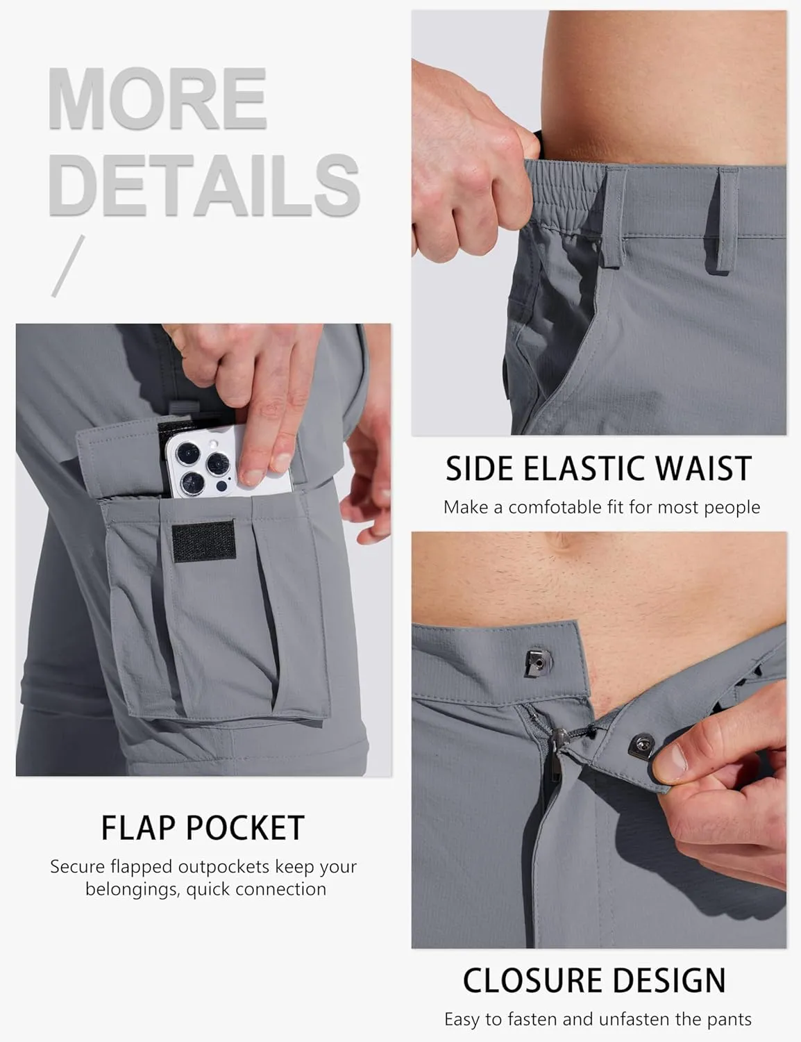 MAGCOMSEN Mens Hiking Convertible Pants 5 Pockets Zip Off Lightweight Water Resistant Quick Dry Side Elastic Travel Pant