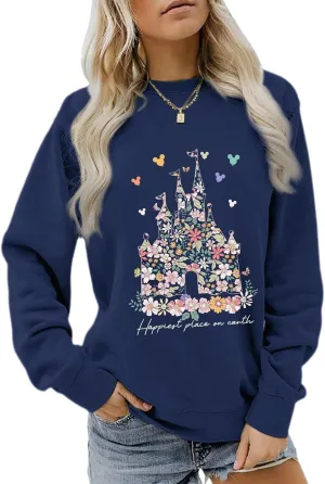 Magic Kingdom Sweatshirts for Women Magical Floral Castle Graphic Long Sleeve Shirt Holiday Vacation Pullover Tops