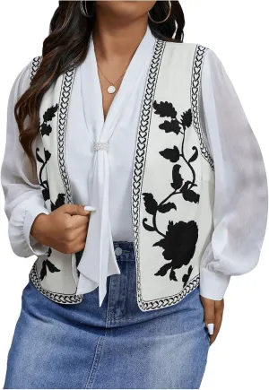 MakeMeChic Women's Plus Size Floral Open Front Vest Sleeveless Jacket Waistcoat