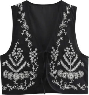 MakeMeChic Women's Tribal Print V Neck Tie Front Vest Sleeveless Crop Boho Tank Top