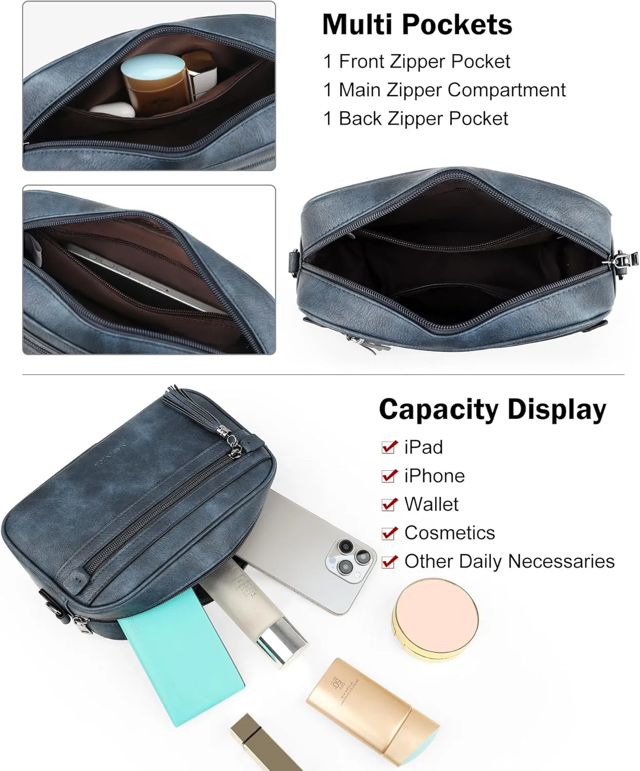 MASINTOR Crossbody Purses for Women Vegan Leather, Travel Purse Shoulder Handbag with Adjustable Strap and Tassel
