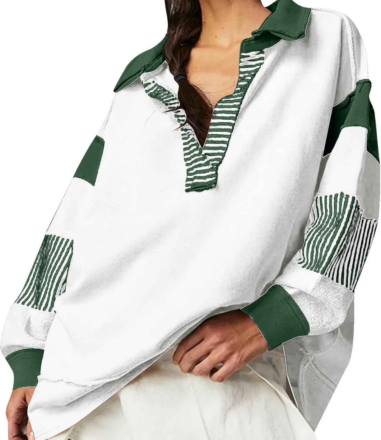 MCILLO Womens Oversized Sweatshirt Lapel Collared V Neck Shirts Pullover Color Block Striped Long Sleeve Tops