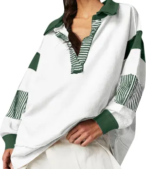MCILLO Womens Oversized Sweatshirt Lapel Collared V Neck Shirts Pullover Color Block Striped Long Sleeve Tops