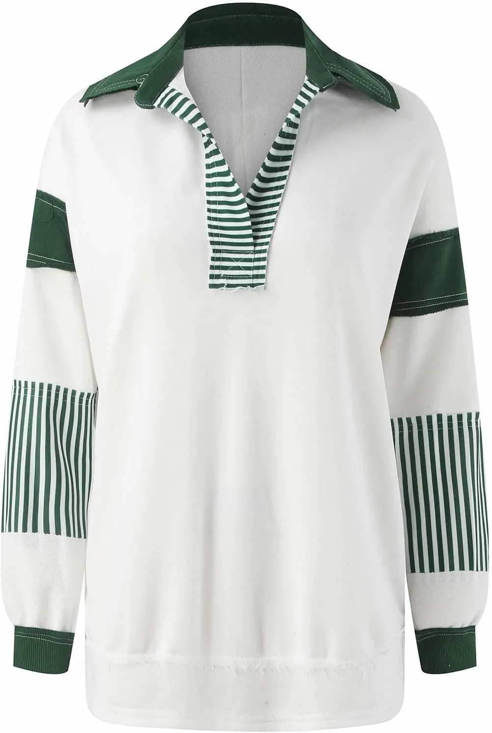 MCILLO Womens Oversized Sweatshirt Lapel Collared V Neck Shirts Pullover Color Block Striped Long Sleeve Tops
