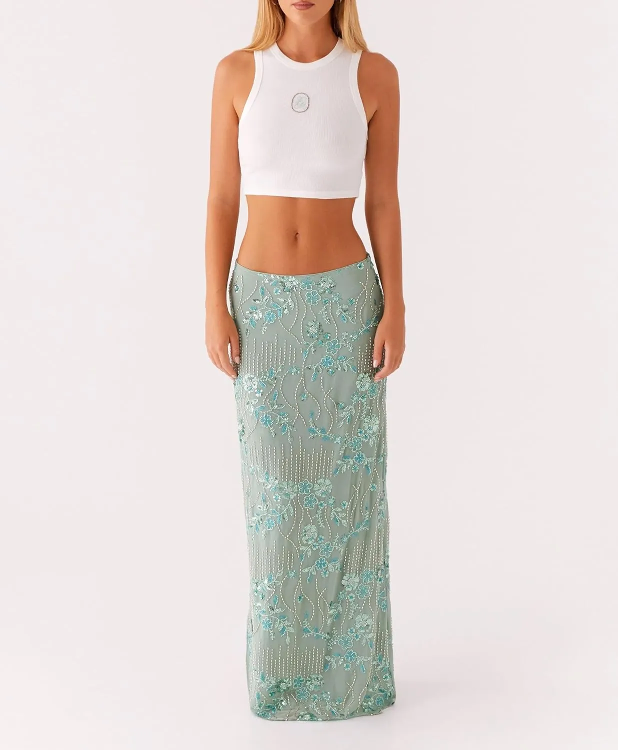 Melliflo Womens Sequin Maxi Skirt Sparkle Rhinestone Floral Embroidery Boho Long Skirts Summer Glitter Going Out Skirt