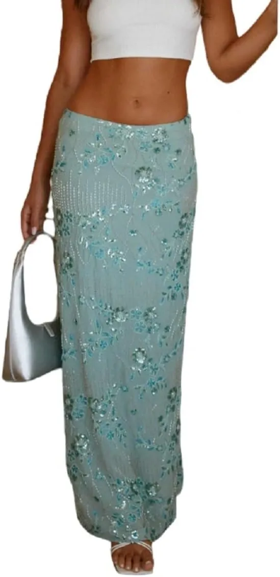 Melliflo Womens Sequin Maxi Skirt Sparkle Rhinestone Floral Embroidery Boho Long Skirts Summer Glitter Going Out Skirt
